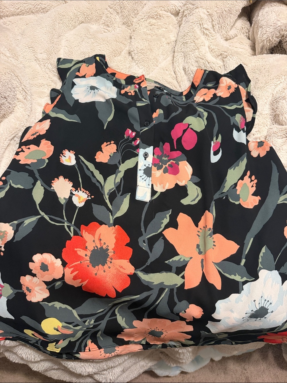 Loft Floral Ruffle Sleeve Women’s Top - Black with Coral & Pink Blooms